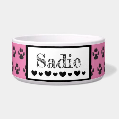 Cute Paw Print Dogs name and Hearts Custom Color Bowl