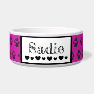Cute Paw Print Dog's name and Hearts Custom Color Bowl
