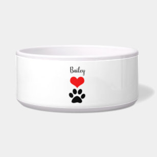 Cute Paw Print Heart Name Monogram Red Black White Bowl