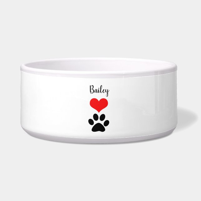 Cute Paw Print Heart Name Monogram Red Black White Bowl (Front)