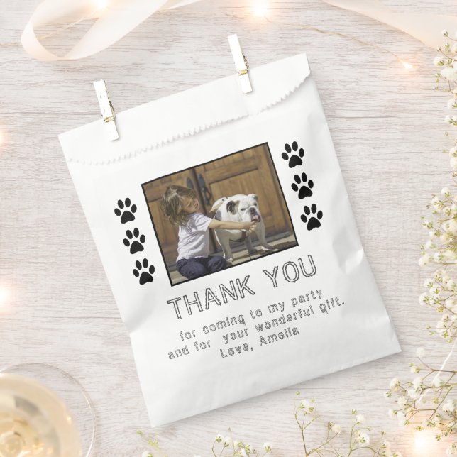 Cute Paw Print Kid`s Name Photo Birthday Favor Bag (Clipped)
