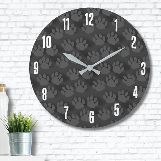 Cute Paw Print Pattern Large Clock (Modern Cute Black Gray Animal Paw Prints Pattern Large Clock)