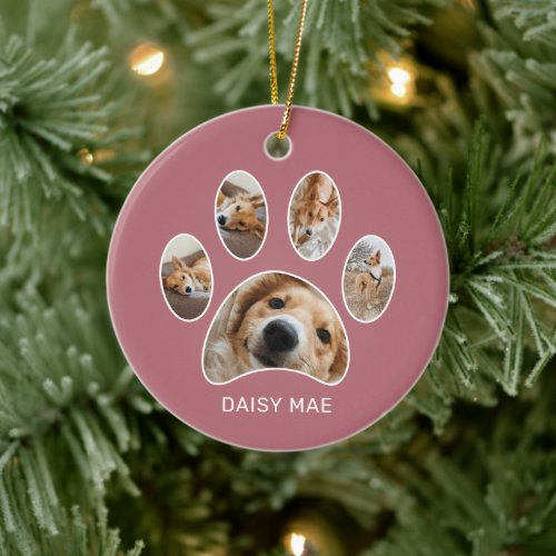 Cute Paw Print Pet Name Year Photo Collage Pink Ceramic Ornament