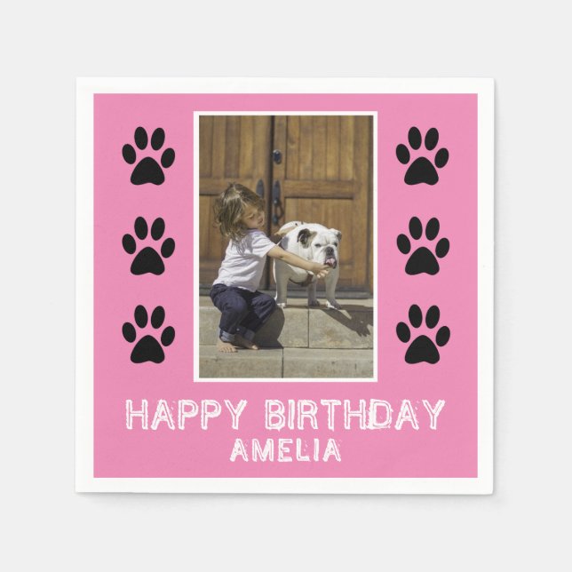 Cute Paw Print Pink Girl Name Photo Birthday Party Napkins (Front)