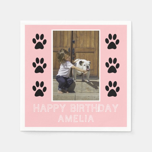 Cute Paw Print Pink Girl Name Photo Birthday Party Napkins (Front)