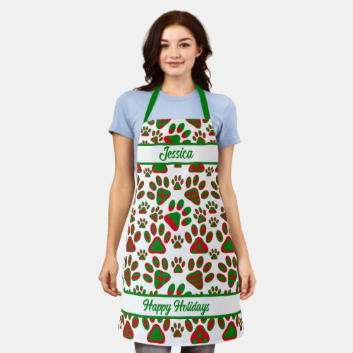 Cute Paw Print Red Green Happy Holiday Apron
