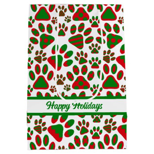 Cute Paw Print Red Green Happy Holiday  Medium Gift Bag