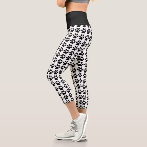 Cute Paw Print White Black Pattern Trendy Fitness Capri Leggings