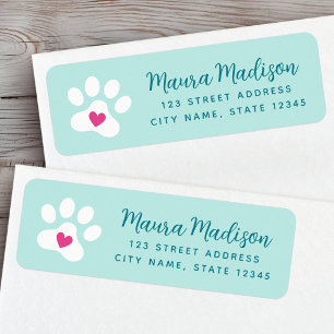 Cute paw print with heart aqua blue return address label