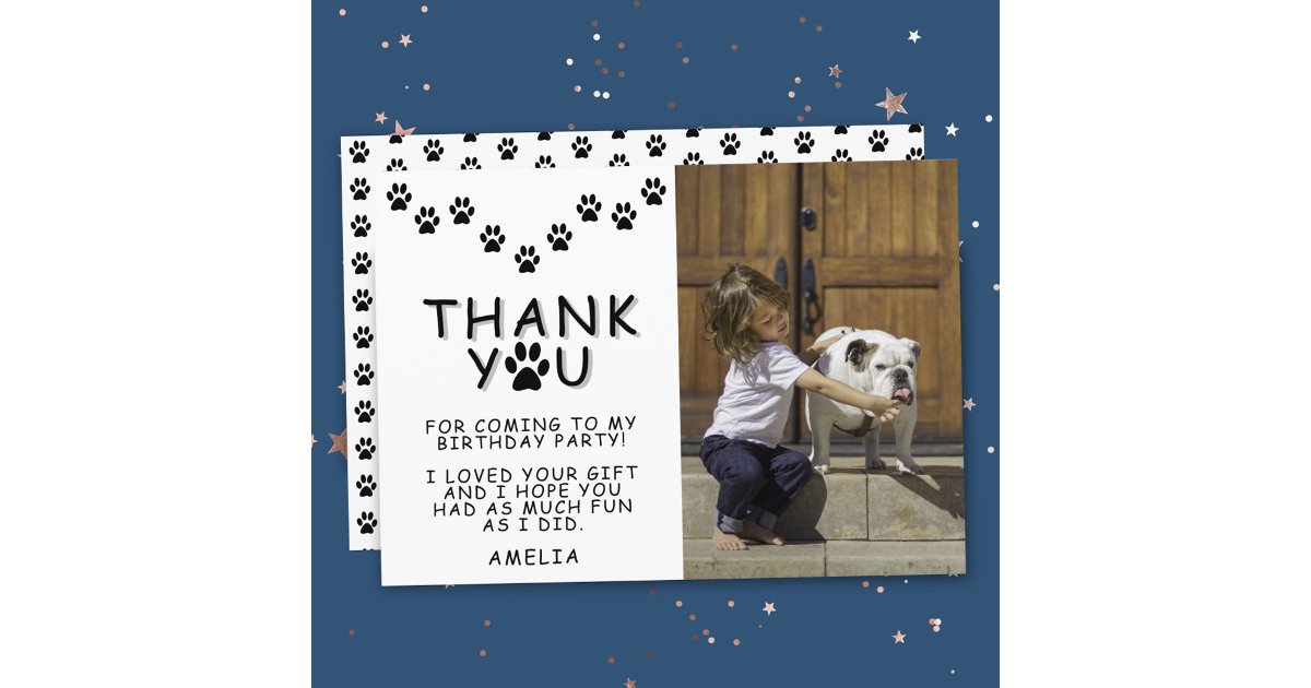Cute Paw Prints Black Birthday Thank you Photo Card | Zazzle