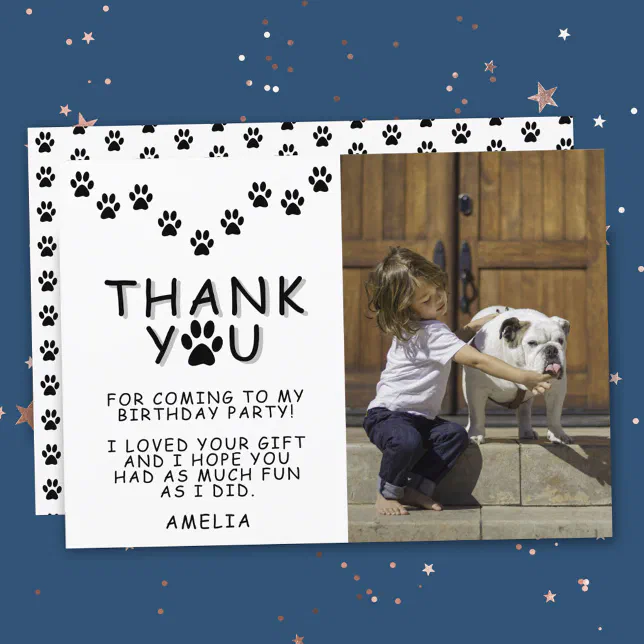 Cute Paw Prints Black Birthday Thank you Photo Card | Zazzle