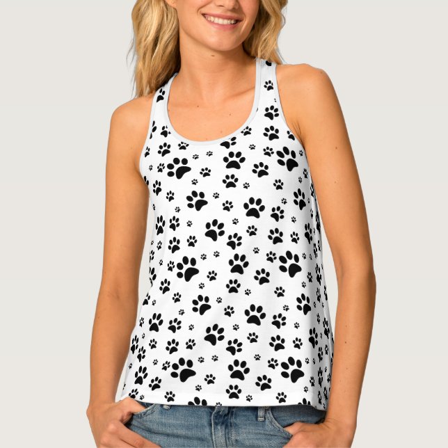 Cute Paw Prints Cat Dog Black & White Tank Top (Front)