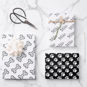 Cute Paw Prints Dog Bones Custom Name Wrapping Paper Sheets