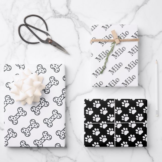 Cute Paw Prints Dog Bones Custom Name Wrapping Paper Sheets (Front)