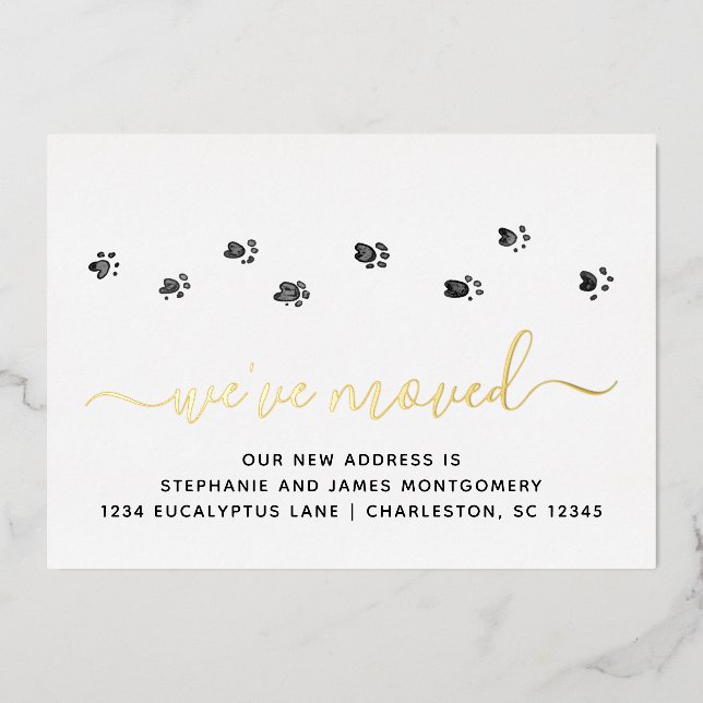 Cute Paw Prints Gold Foil Moving Announcement Card (Front)