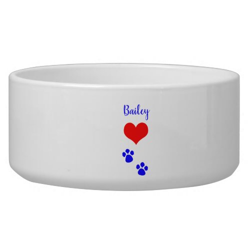 Cute Paw Prints Heart Name Monogram Red Blue White Bowl