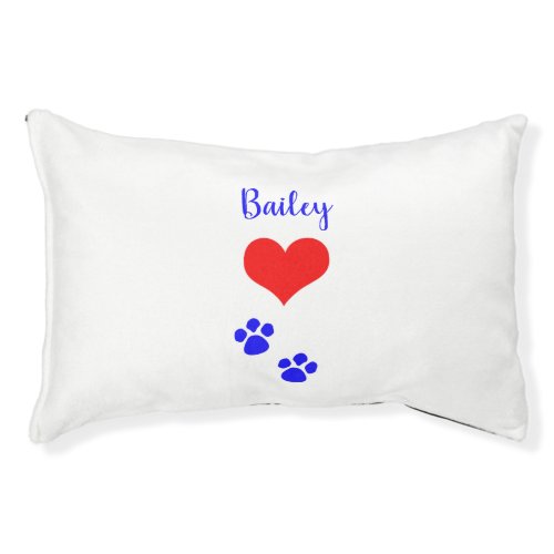 Cute Paw Prints Heart Name Monogram Red Blue White Pet Bed