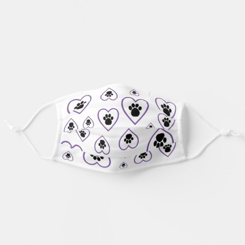 Cute Paw Prints Hearts Purple Black White Adult Cloth Face Mask