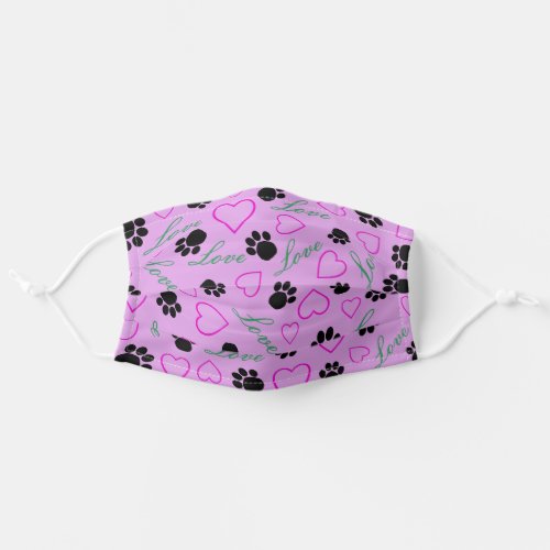 Cute Paw Prints Love Hearts Pattern Purple Adult Cloth Face Mask