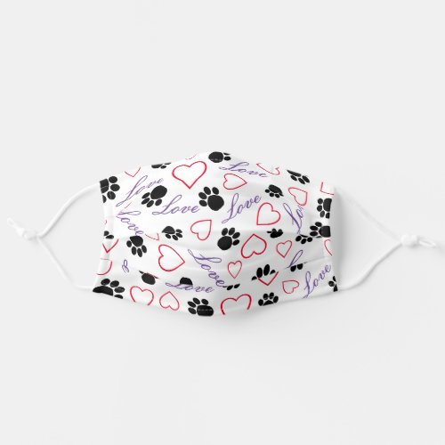 Cute Paw Prints Love Hearts Pattern White Adult Cloth Face Mask