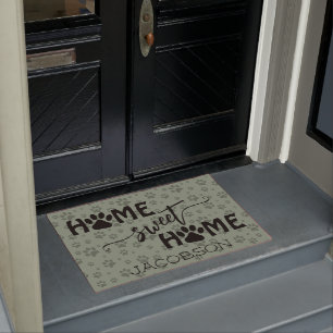 Cute Paw Prints & Name Home Sweet Home Sage Green Doormat