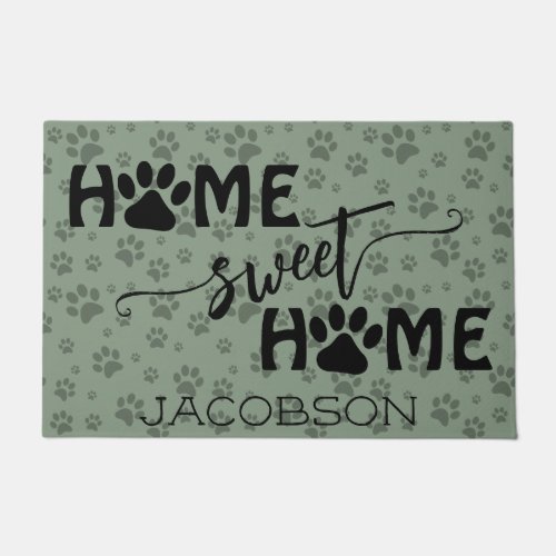 Cute Paw Prints  Name Home Sweet Home Sage Green Doormat