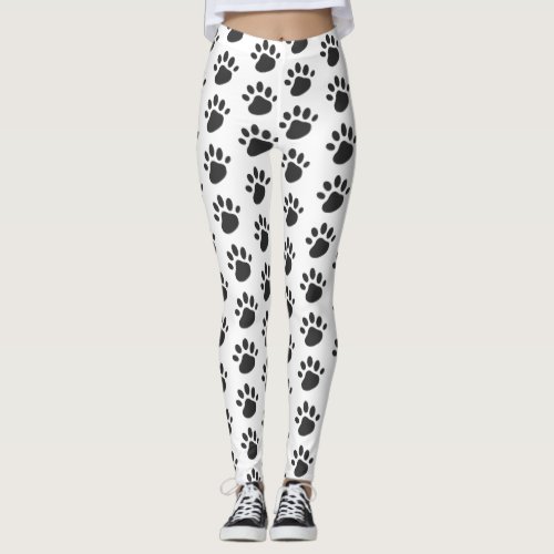 Cute Paw Prints Pattern White Black Leggings