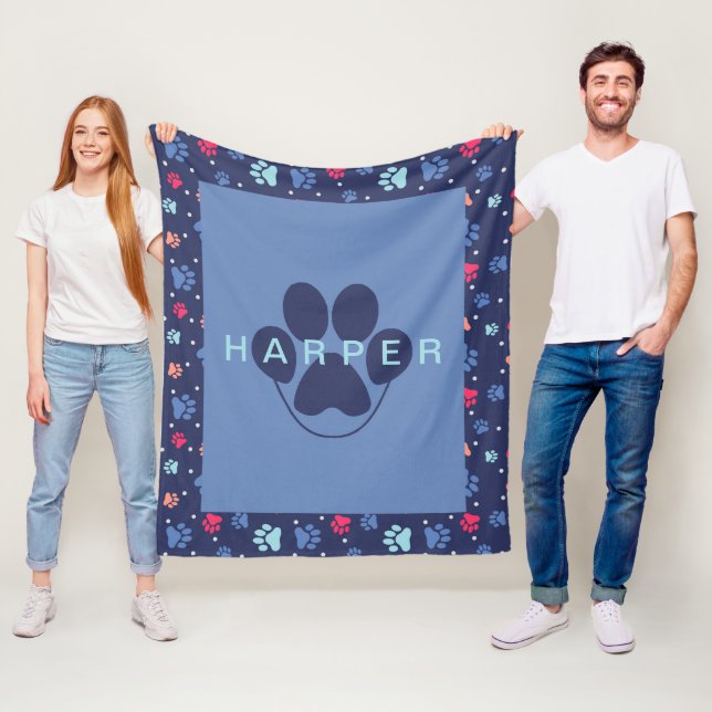 Cute Paw Prints Personalized Blue Fleece Pet Blanket (In Situ)