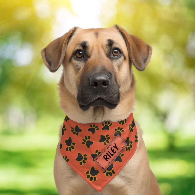 Cute Paw Prints Personalized Orange Dog Pet Bandana Collar (Creator Uploaded)