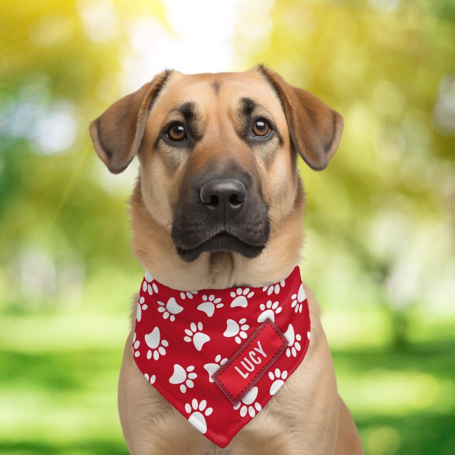 Cute Paw Prints Personalized Red Dog Pet Bandana Collar (Creator Uploaded)