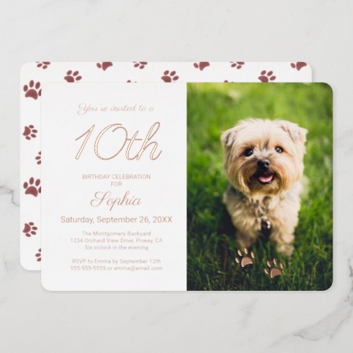 Cute Paw Prints Pet Birthday Party Photo Rose Gold Foil Invitation