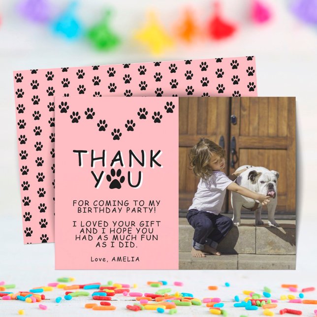 Cute Paw Prints Pink Birthday Thank you Photo Card (Creator Uploaded)