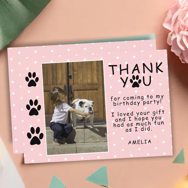 Cute Paw Prints Pink Birthday Thank you Photo Card | Zazzle