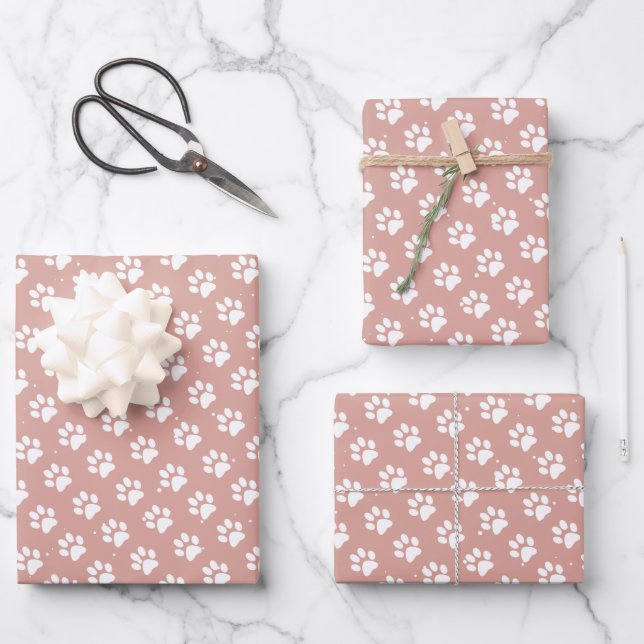 Cute Paw Prints Pink Christmas Wrapping Paper Sheets (Front)