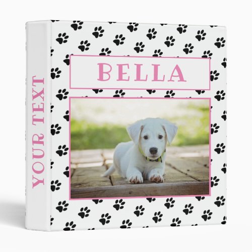 Cute Paw Prints Pink Keepsake Pet Dog Photo Album 3 Ring Binder - Memory Keepsake Pet Dog Photo Album Binder. The binder has a photo of a pet, pet`s name in pink color and pattern of dog paw prints. Personalize with your dog or any other pet photo and your dog or pet name and change or erase the text on the spine. A great keepsake gift, photo album, a scrapbook album, in memory of, notes and more for your dog or pet.