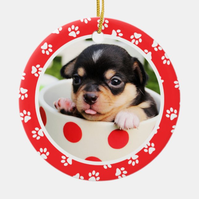 Cute Paw Prints | Puppy's First Christmas Photo Ceramic Ornament (Front)