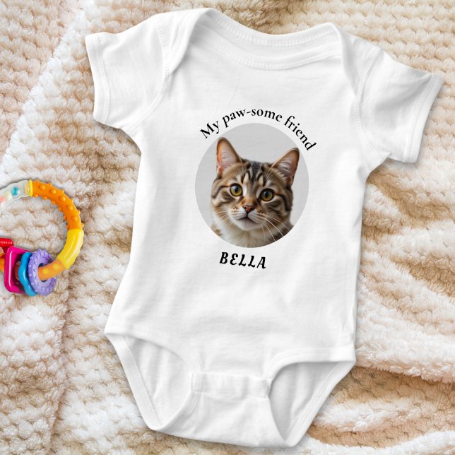 Cute Paw-some Pet Friend Photo Baby Bodysuit (A baby bodysuit with custom pet photo, 'My paw-some friend' above and pet's name under the picture)