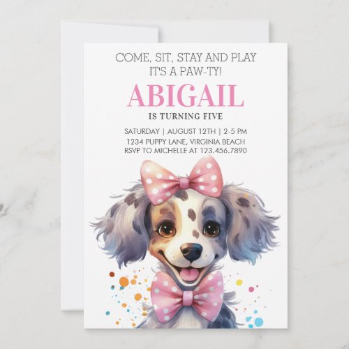 Cute Paw_ty Puppy Dog Pink Pet Kids Birthday Party Invitation