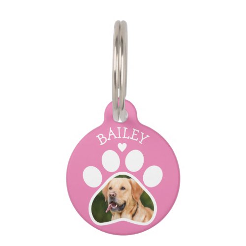 Cute Pawprint Heart Photo Name Pet Dog Cat Pink Pet ID Tag