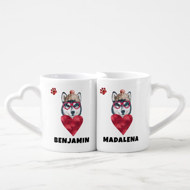 Cute Paws Husky Valentines Day Gift Dog Coffee Mug Set (Front Nesting)