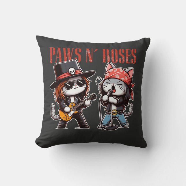 Cute Paws 'N Roses Funny Rock Cat Gift Idea Throw Pillow (Front)