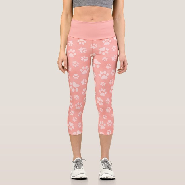 Cute Paws Pattern Pink Capri Leggings (Front)