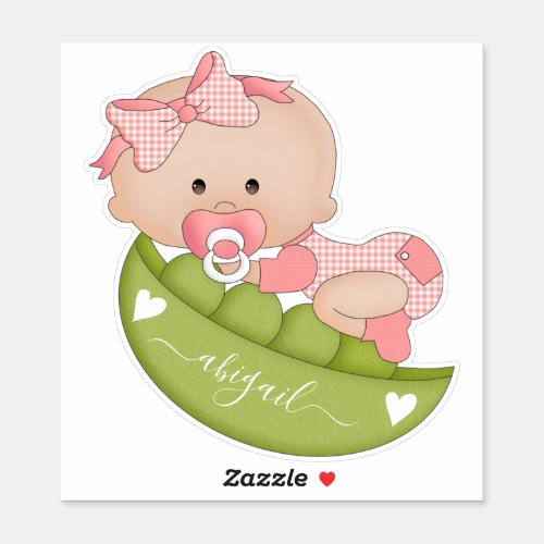 Cute pea in pod baby girl in coral pink name sticker