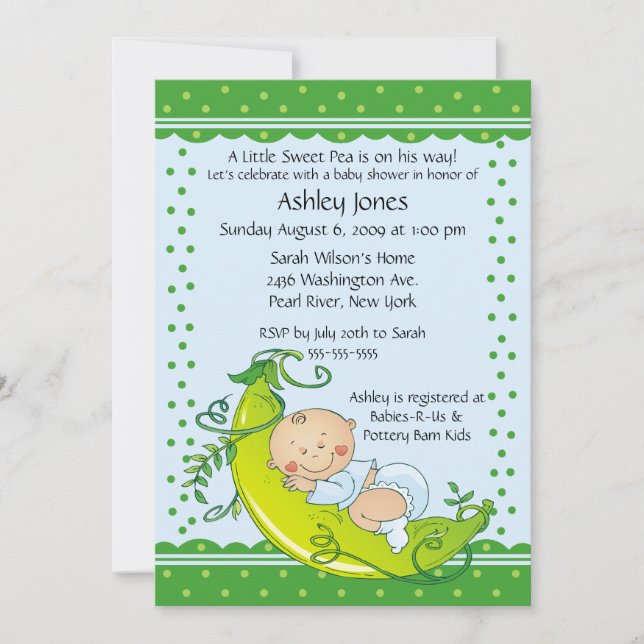 Cute Pea Pod Baby Boy Baby Shower Invitations (Front)