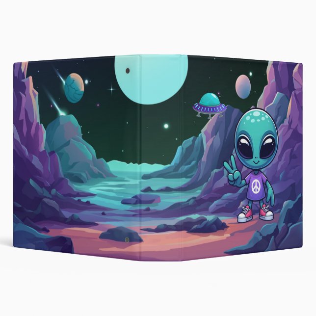 Cute Peace Alien & Space Ship 3 Ring Binder (Background)