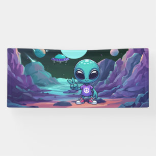 Cute Peace Alien & Space Ship Banner