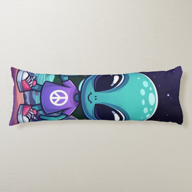 Cute Peace Alien & Space Ship Body Pillow (Front)