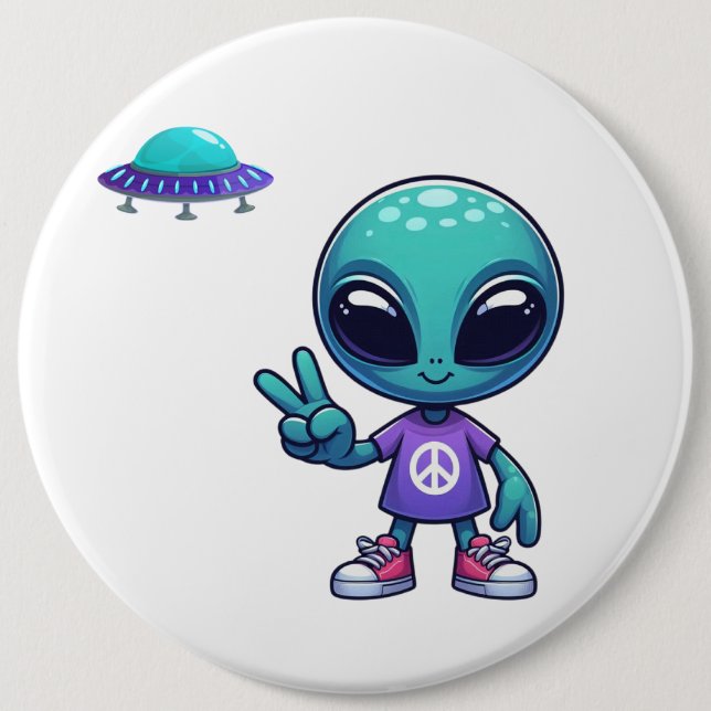 Cute Peace Alien & Space Ship Button (Front)