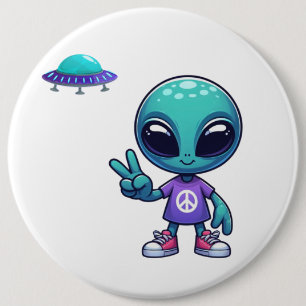 Cute Peace Alien & Space Ship Button