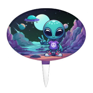 Cute Peace Alien & Space Ship Cake Topper